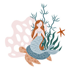 Cute mermaid sitting on a turtle underwater. Vector illustration for kids cards, designs, invitations