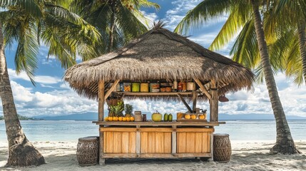 Tropical beach bar with fresh fruits and drinks under a thatched roof