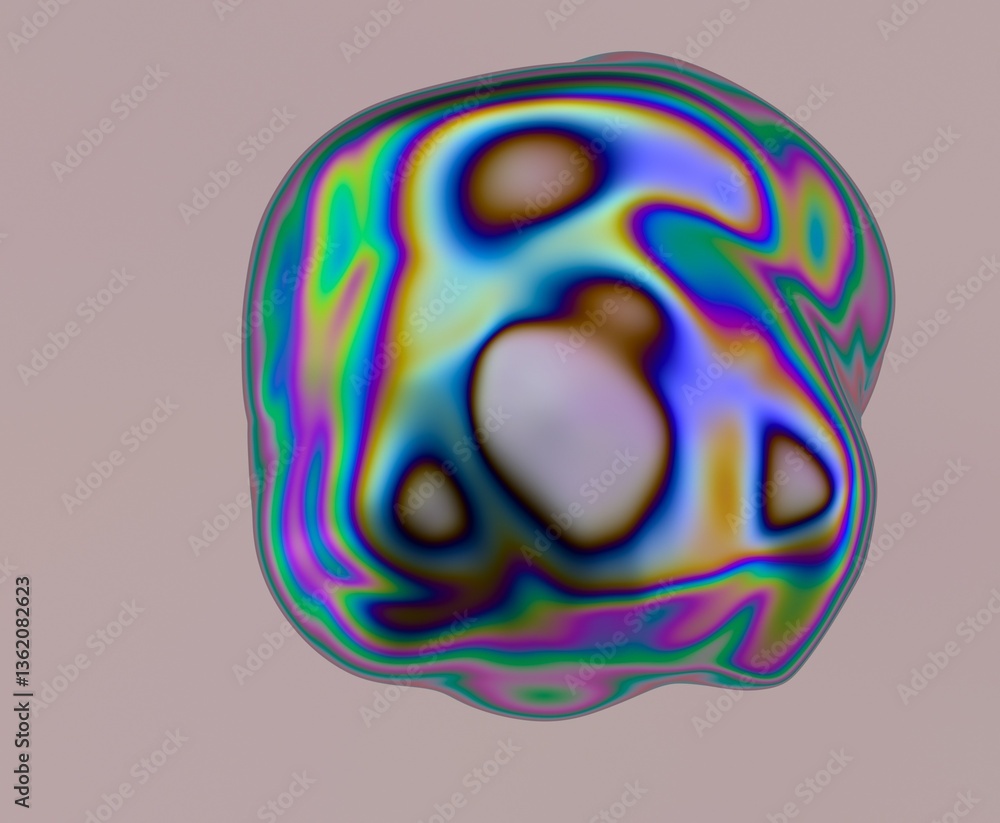 Poster Colorful abstract 3D blob with an iridescent pattern, featuring smooth, distorted surfaces and vibrant swirling hues across its form, resembling an optical illusion.