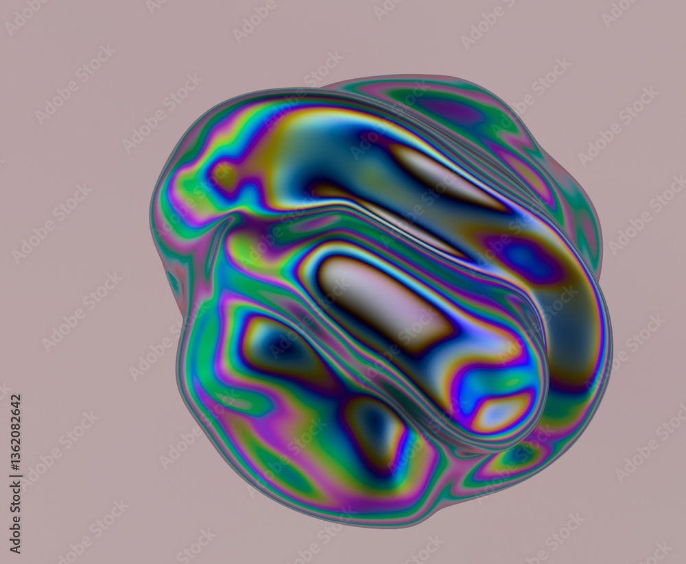 Poster Colorful abstract 3D blob with an iridescent pattern, featuring smooth, distorted surfaces and vibrant swirling hues across its form, resembling an optical illusion.