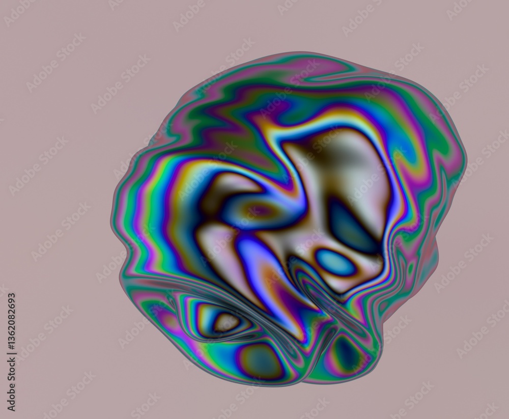 Poster Colorful abstract 3D blob with an iridescent pattern, featuring smooth, distorted surfaces and vibrant swirling hues across its form, resembling an optical illusion.