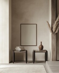 Minimalist interior design with mirror, side tables, and pampas grass.