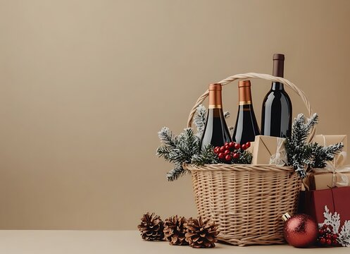 A basket filled with Christmas gifts and wine bottles on a table against a beige background, with ample space for text, captured in a wide-angle shot, a stock photo