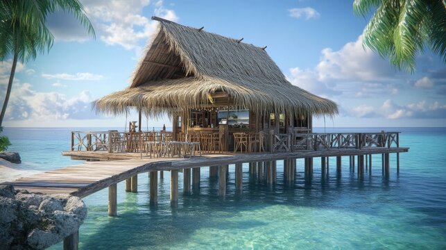 Tropical beachfront bar on a wooden pier with palm trees and clear water