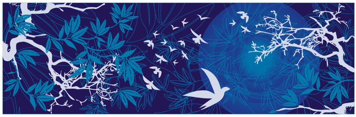 Paysage Asiatique Soleil Couchant avec Arbres et Oiseaux Vecteur Couleurs Bleu