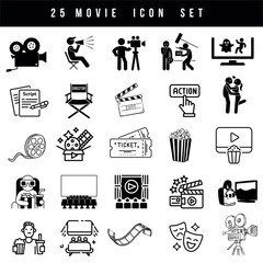 Movie Icon Set with Cinema, Filmmaking, Popcorn, and Film Reel Symbols