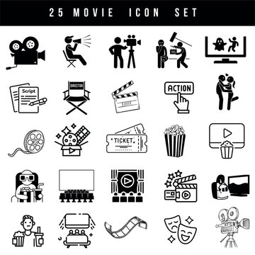 Movie Icon Set with Cinema, Filmmaking, Popcorn, and Film Reel Symbols