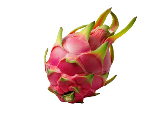 A whole dragon fruit with vibrant pink skin and green scales, floating against a transparent background