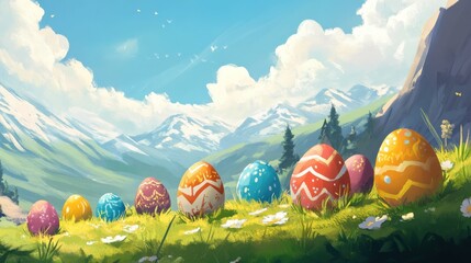 Easter celebration in a bright meadow with beautifully painted eggs illustration