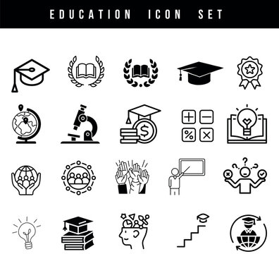 Education Icon Set Featuring Graduation Cap, Books, Globe, and Learning Symbols