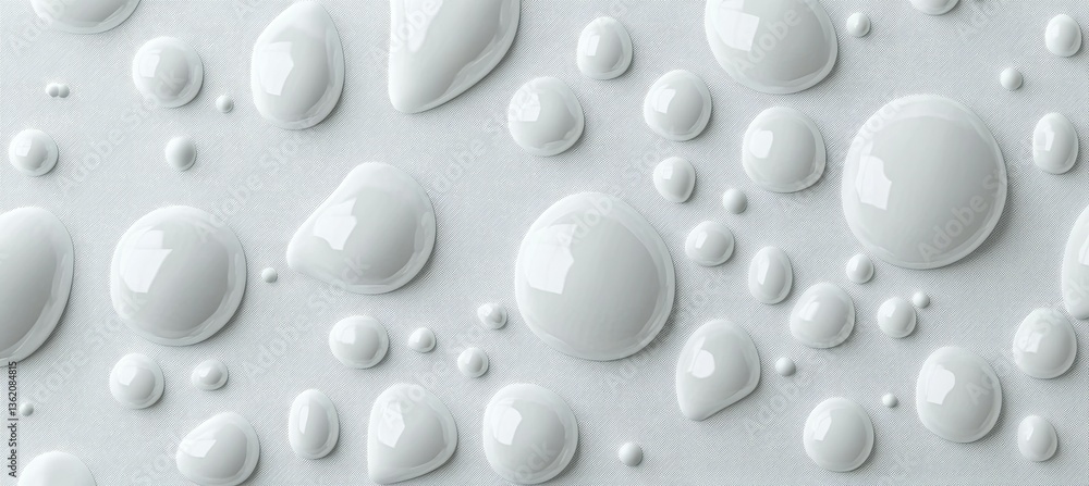 Poster close-up view of transparent water droplets on a smooth white surface. creating a serene and minimal