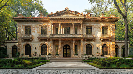 Obraz premium Historic mansion with intricate architecture and lush gardens in the afternoon light