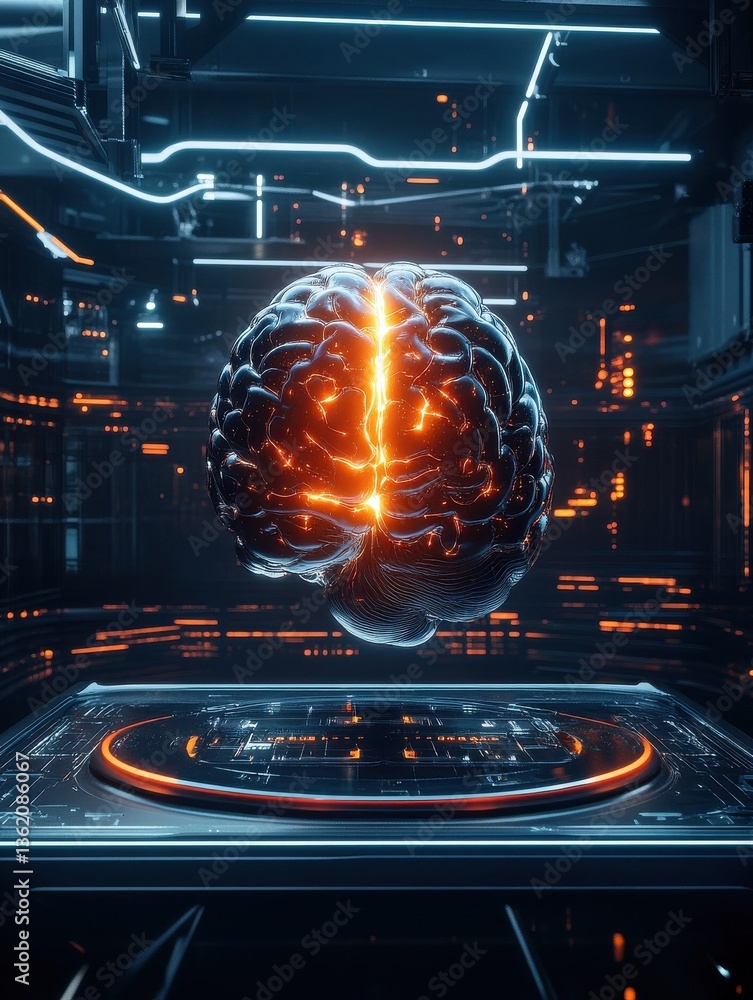 Poster visualization of an ai chatbot concept, featuring a glowing brain integrated into a sleek digital as