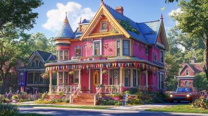 Obraz premium Colorful Victorian house adorned with flowers and flags in a sunny neighborhood