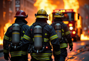 Fototapeta premium Firefighters in protective gear respond to a blazing fire emergency