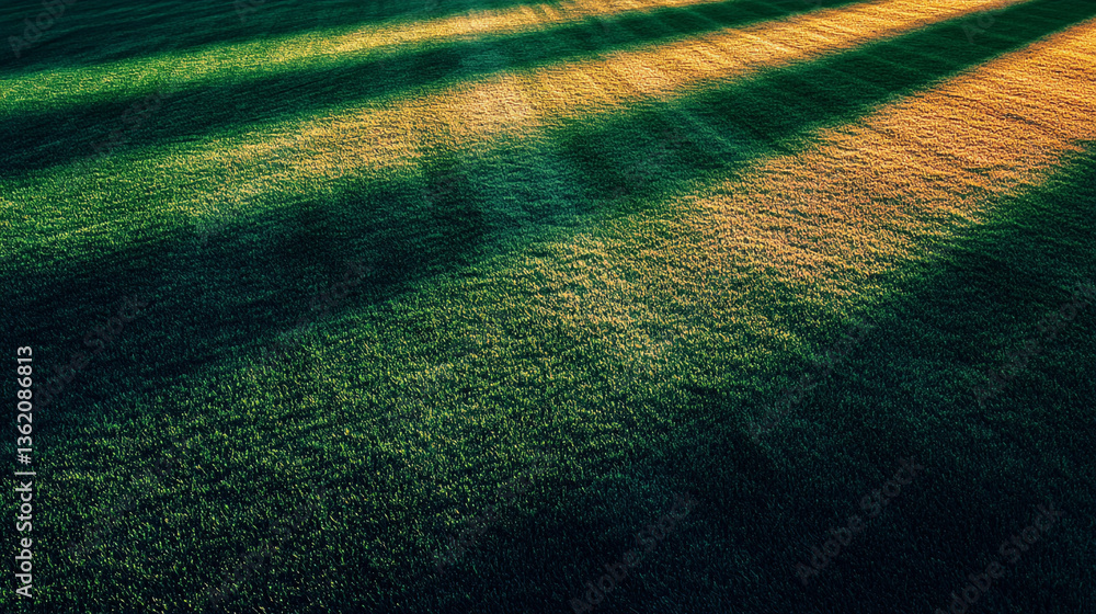 Poster an aerial view of a grassy field with shadows and sunlight creating a striped pattern across the sur