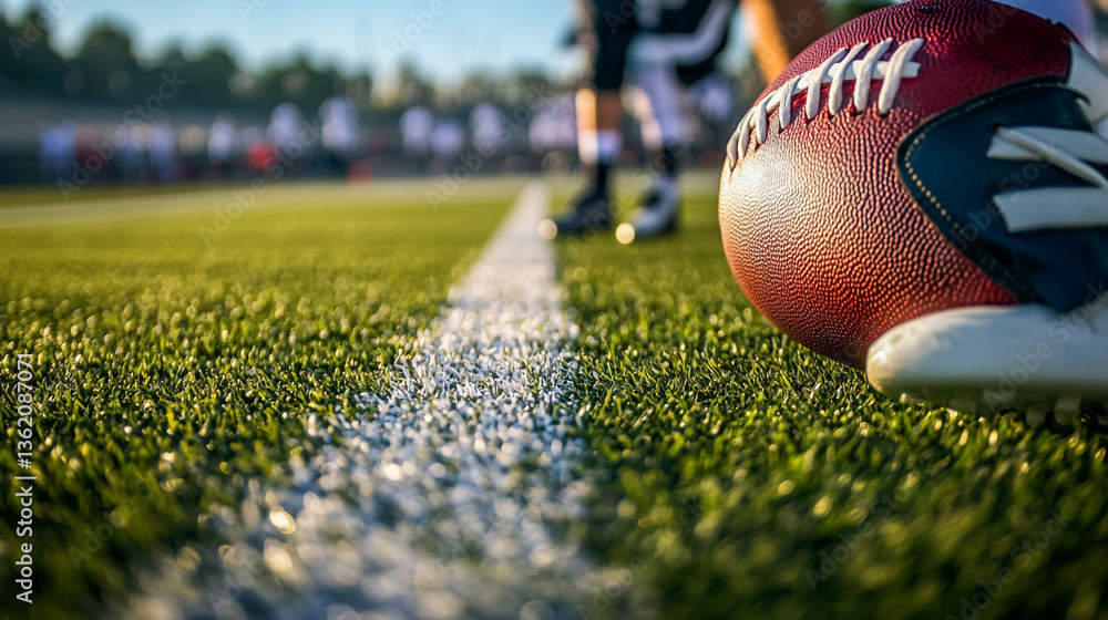 Poster close up of a football on the field with a white line and players in the background during a game