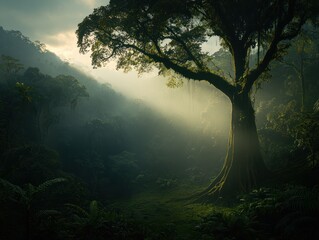Obraz premium Majestic Tree Illuminated by Sunlight Lush Jungle Nature Photography Tranquil Environment Low Angle Serenity