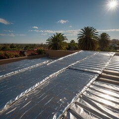 A silver thermal reflective cover protecting a rooftop, deflecting harsh solar rays to keep the home cool.


