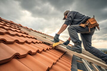 Roofing Contractor Working on Terracotta Tile Roof