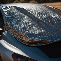 A sleek thermal reflective cover shielding a car from intense sunlight, reducing interior heat buildup.


