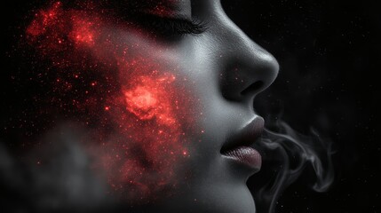A female profile with starry elements and wisps of smoke