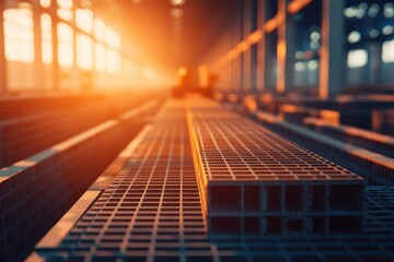 Steel Grating and Metal Beams in a Factory Setting at Sunset