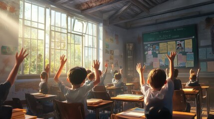 Pupils raising their hands during class at the elementary school