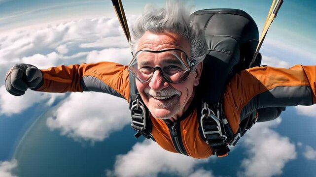 An elderly man wearing a safety harness and skydiving gear, joyfully floating in the sky	