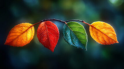 artistic photography of a branch with beautifully colored autumn leaves against an emerald background