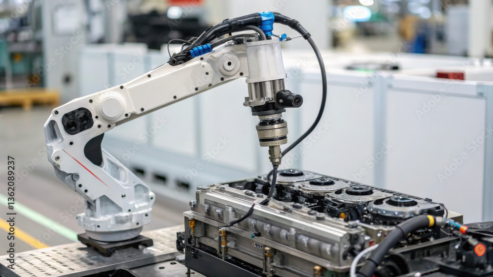 Poster hydrogen fuel future robotic arm operates on engine block in modern factory setting
