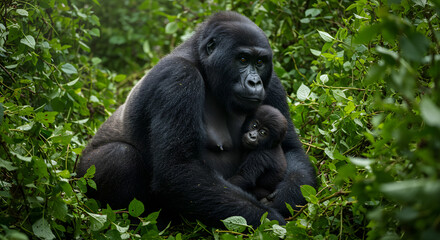 Naklejka premium Gorilla and Baby in a Lush Forest