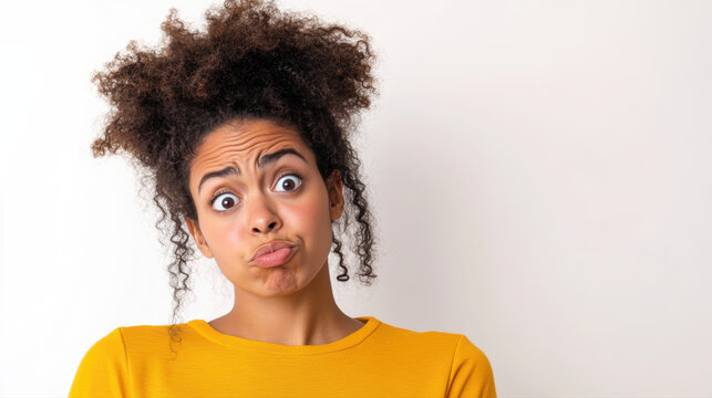 Jeune femme expressive &agrave; cheveux boucl&eacute;s en jaune