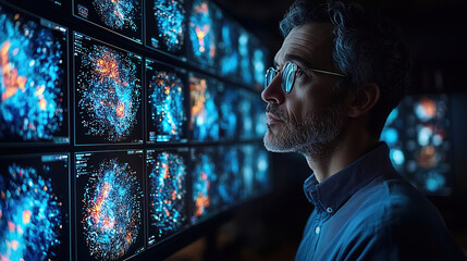 Expert analyzes complex data visualizations in a darkened tech lab environment at night