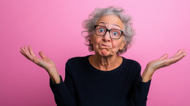 Dame &acirc;g&eacute;e amusante avec lunettes et expression ludique, fond color&eacute;