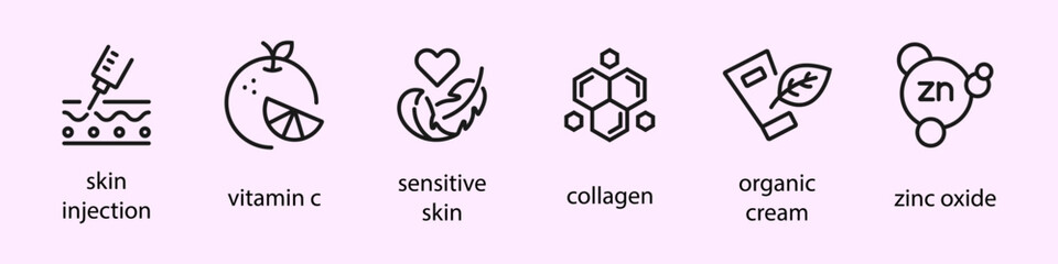 Organic skin care components or labels. Organic cosmetic line icons set. Zinc Oxide icon. Collagen, sensitive skin, skin injection, vitamin c, organic cream.