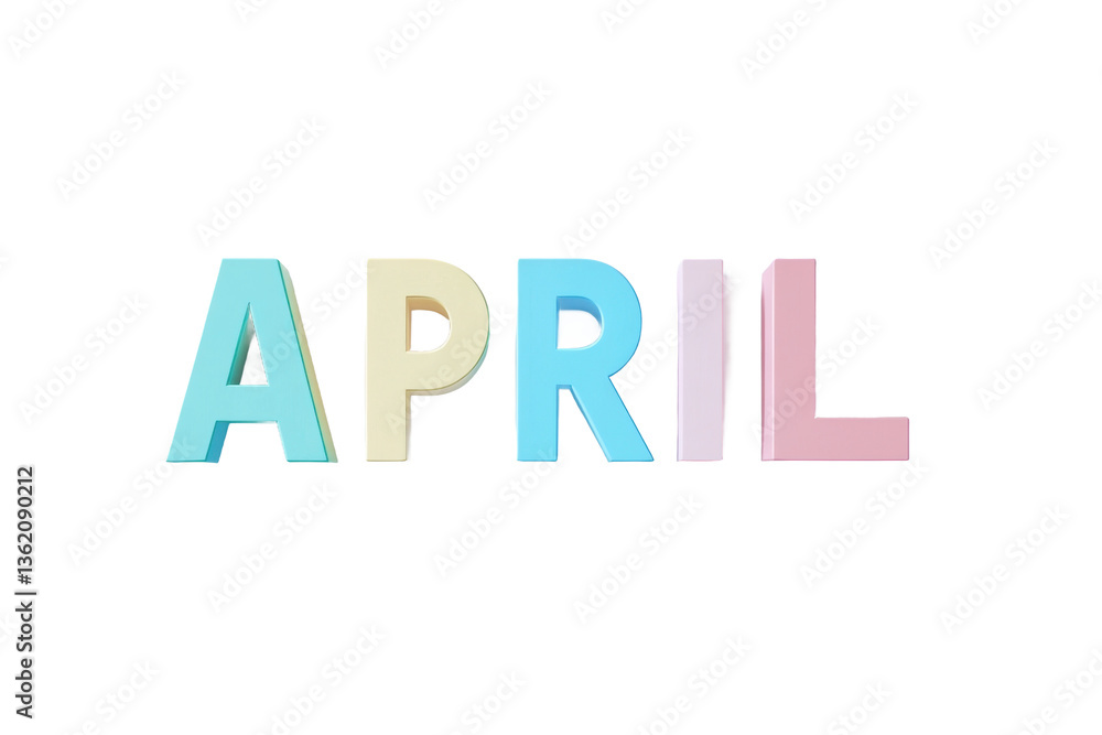 Poster pastel colored april text rendered in a three dimensional style against a solid gray colored backgro