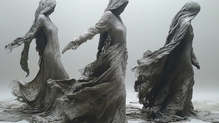 Three figures draped in flowing fabric appear to be dancing