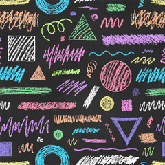 Naklejka premium Seamless Grunge Pattern of Chalk Drawn Mix of Scribbles and Geometric Figures on Chalkboard Backdrop. Handwritten Print.