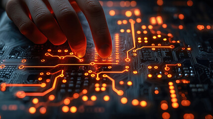 Person interacting with a glowing circuit board in a dimly lit environment during the evening