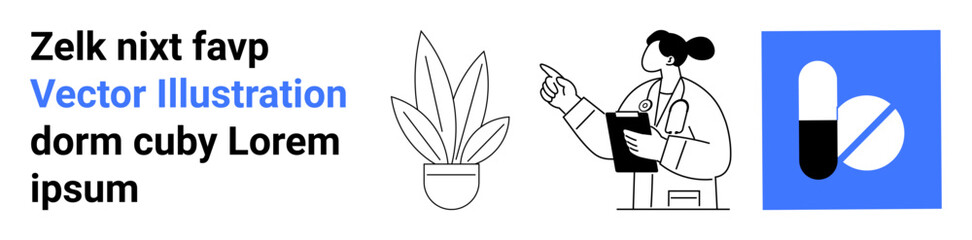 Female doctor pointing at a file, leafy potted plant, blue block with capsule icon. Ideal for healthcare, pharmacy, wellness, medical advice, herbal remedies, education flat landing page banner