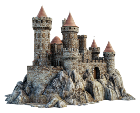 Majestic castle on rocky terrain fantasy realm isolated on transparent background