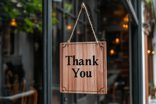 Thank You Sign: An inviting close-up shot of a wooden "Thank You" sign hanging gracefully in a shop's window, conveying appreciation and welcoming customers. 