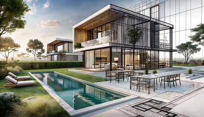 Obraz premium Modern Luxury Villa with Pool and Glass Architecture in Scenic Setting