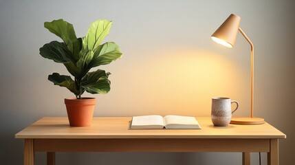 A Scandinavian-inspired office setup with a light oak desk, featuring a single neatly placed book, a potted fiddle-leaf fig plant,
