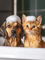 Fototapeta na wymiar Pets Bathing in Tub