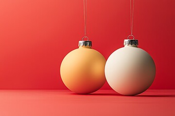 Pastel Christmas baubles with red background.