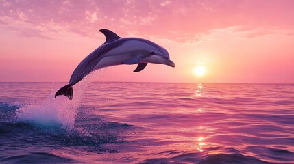 Dolphin leaps from the sea at vibrant pink sunset, creating a stunning marine spectacle