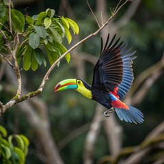 A dazzling Keel-Billed Toucan in mid-air, holding a piece of fruit in its vibrant beak. The bird&rsquo;s neon-green, blue, red, and yellow hues pop against the blurred jungle foliage