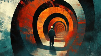 Artistic portrayal of a construction worker in an abstract tunnel setting